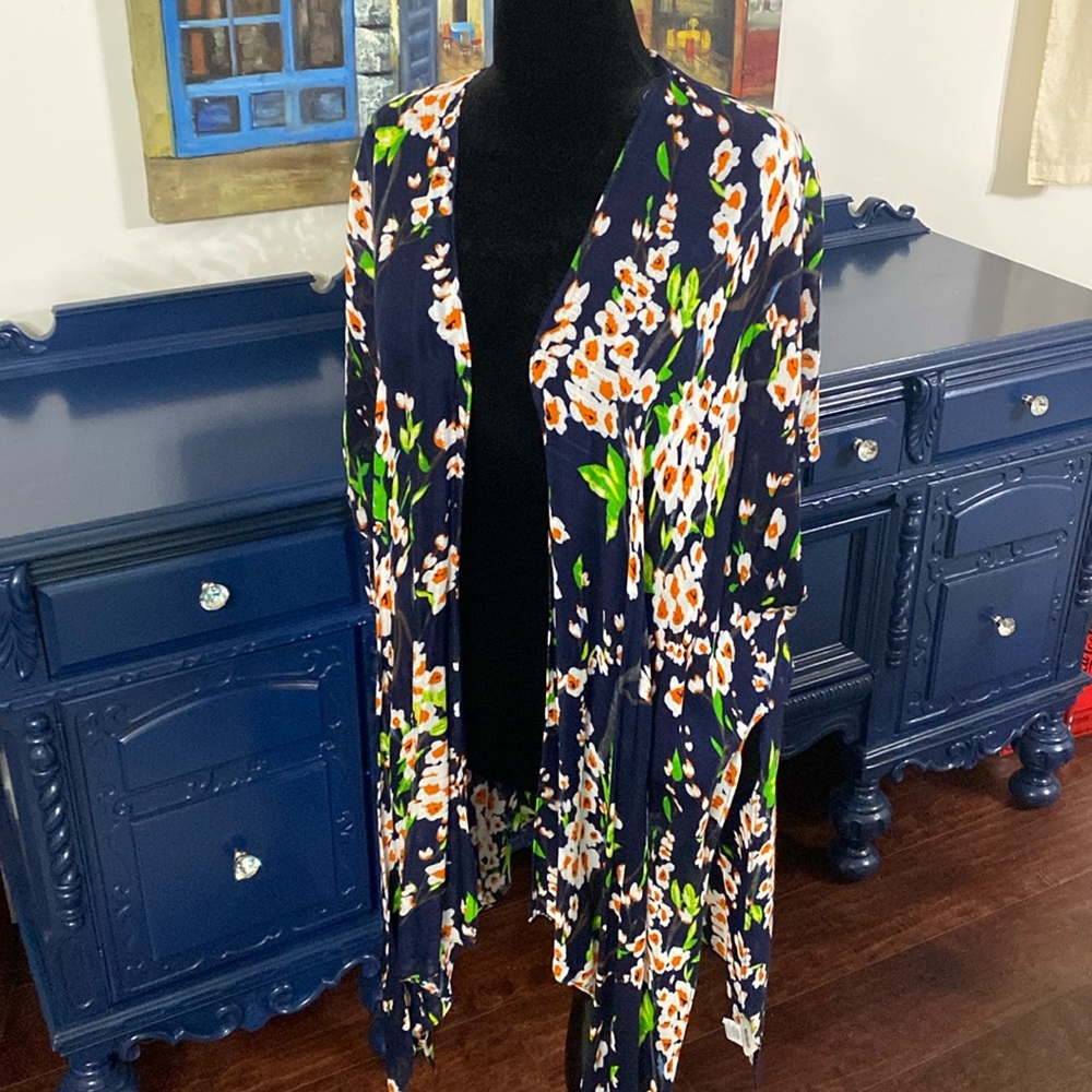 Boho inspired Navy blue floral wrap/ kimono. - One size
